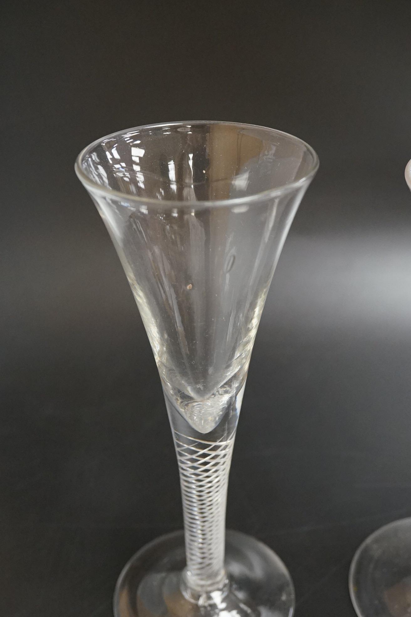 Two air twist stem funnel bowl wine glasses, c.1745, tallest 18.5cm high